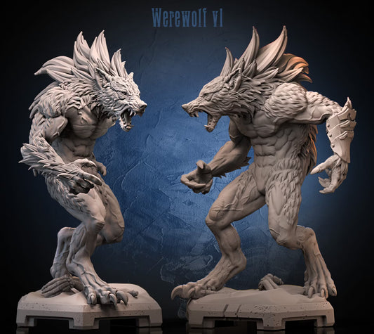 Two unpainted views of Werewolf V1 showing its muscular hybrid body, snarling wolf head, claws, and spined fur.