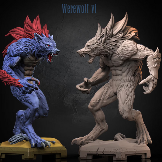Werewolf V1 miniature shown in colored and unpainted renders with large claws, spined fur, and a raised forearm guard.