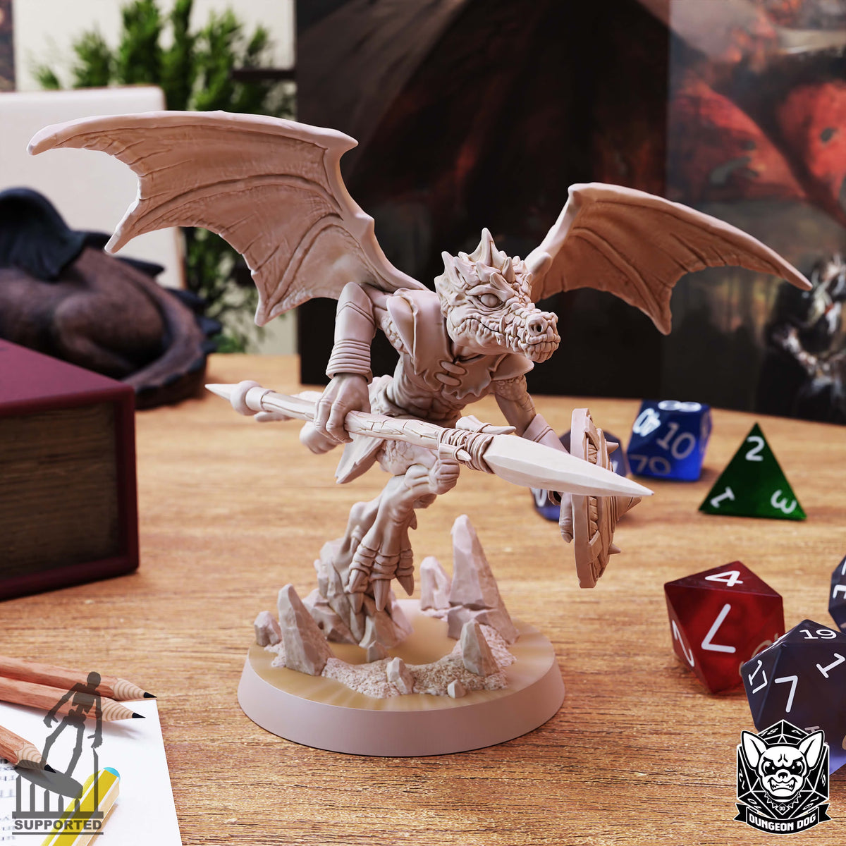 Winged Kobold Spear miniature by Dungeon Dog with spread wings, spear, shield, and rocky base.