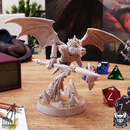 Winged Kobold Spear miniature by Dungeon Dog with spread wings, spear, shield, and rocky base.