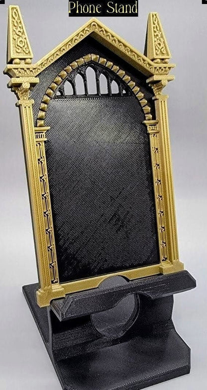 Front view of the 3D printed wizard gothic phone stand with black base and bronze frame. Shown in Bronze Frame and Black mirror choices