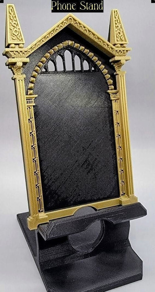 Front view of the 3D printed wizard gothic phone stand with black base and bronze frame. Shown in Bronze Frame and Black mirror choices