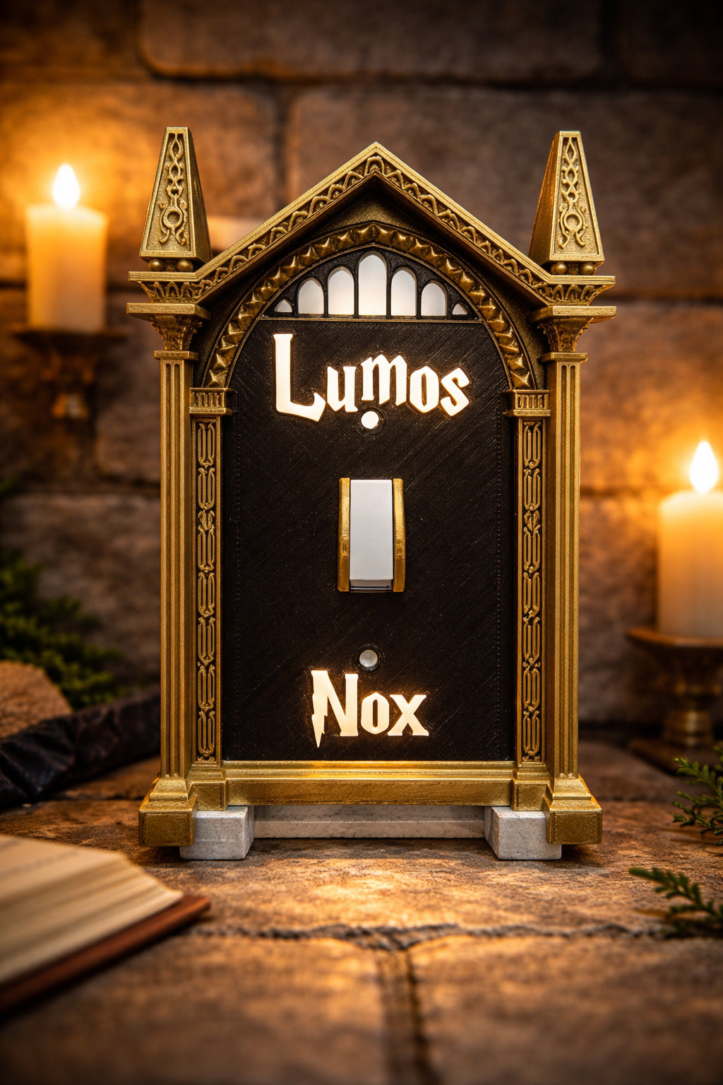 Wizard light switch cover with Lumos and Nox lettering, decorative custom wall plate for fantasy room decor