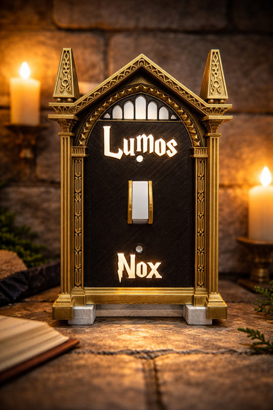 Wizard light switch cover with Lumos and Nox lettering, decorative custom wall plate for fantasy room decor