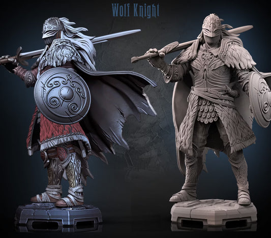 Wolf Knight shown in painted and unpainted views with ornate armor, sword, round shield, fur garments, and cape.