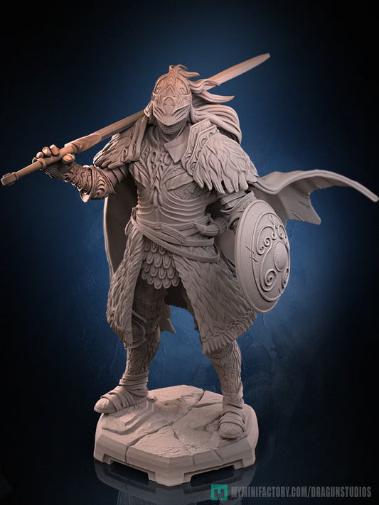 Wolf Knight posed for battle with a sword across his shoulder, round shield, engraved armor, fur, and cape.