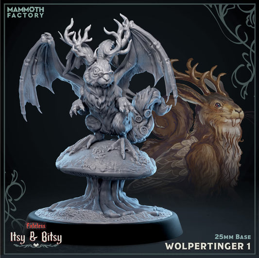 Wolpertinger Small Monstrosity resin miniature with antlers and feathered wings perched on a large mushroom.