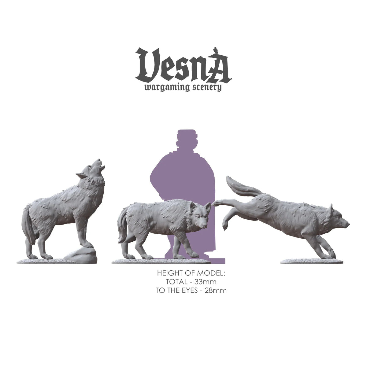 Scale comparison diagram showing 3 resin wolf miniatures alongside a human silhouette for 28mm and 32mm scale reference.