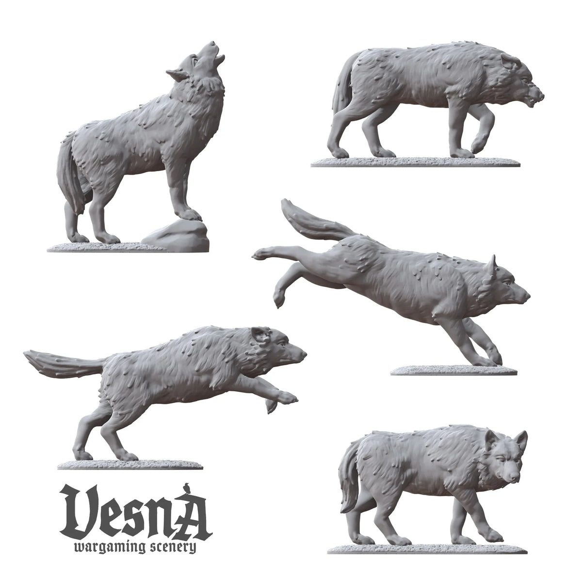 Diagram showing individual poses of 5 resin wolf miniatures including a howling wolf on a rock, a leaping wolf, and prowling wolves.
