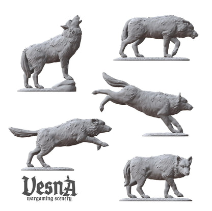 Diagram showing individual poses of 5 resin wolf miniatures including a howling wolf on a rock, a leaping wolf, and prowling wolves.