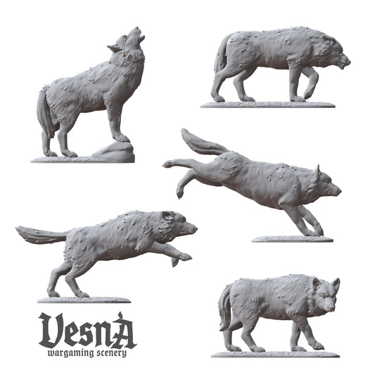 Diagram showing individual poses of 5 resin wolf miniatures including a howling wolf on a rock, a leaping wolf, and prowling wolves.
