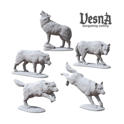 Group render of 5 resin wolf miniatures in various dynamic poses including howling, leaping, and prowling.