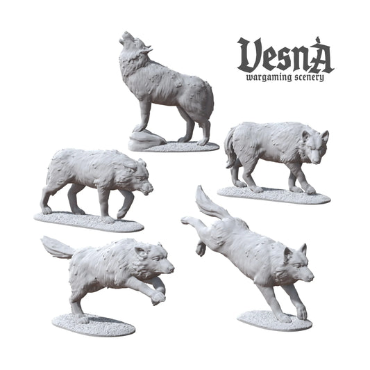 Group render of 5 resin wolf miniatures in various dynamic poses including howling, leaping, and prowling.
