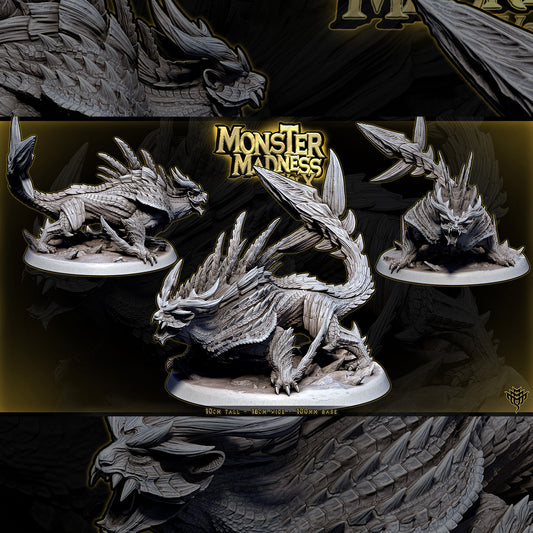 Wyvern of Malice low crouching quadrupedal dragon miniature with bladed tail and heavy spiked scales on 100mm base, front perspective.