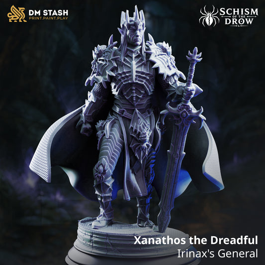 Xanathos the Dreadful Drow fighter miniature in spider-themed heavy armor holding an oversized sword on a stone platform