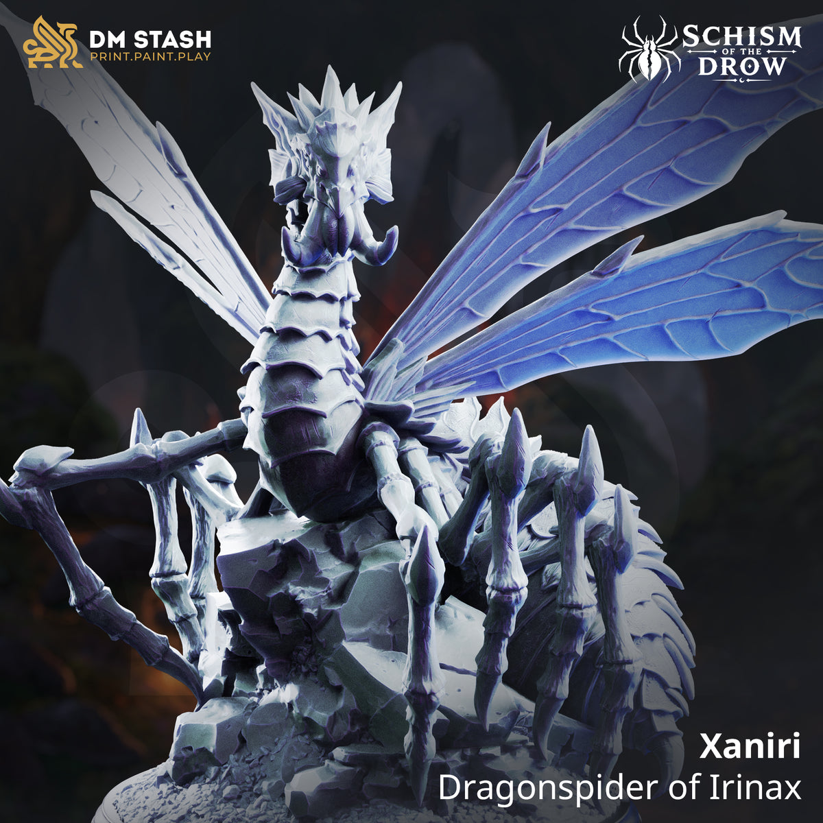 Xaniri Dragonspider with an armored draconic neck, four extended wings, multiple spider legs, and a rocky 75mm scenic base