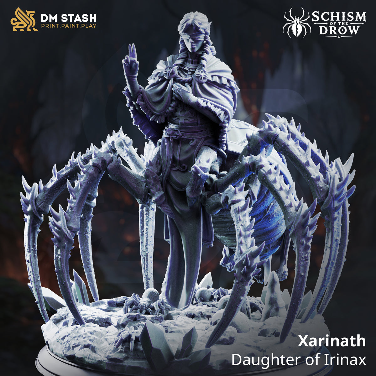 Xarinath Drow drider with a blindfolded humanoid torso, raised ritual hand, spiked spider body, and crystalline subterranean base