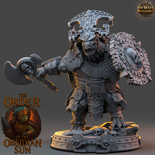 Xipil Shadowfell Large Tortle Fighter miniature with curved axe, round shield, and heavy shell.