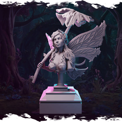 Digital render preview of Ydsel display bust featuring fairy wings and leaf umbrella on a pedestal.