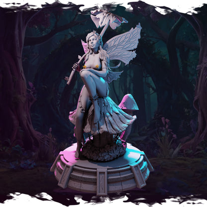Digital render preview of Ydsel the fairy maiden sitting on a mushroom base in an enchanted forest setting.