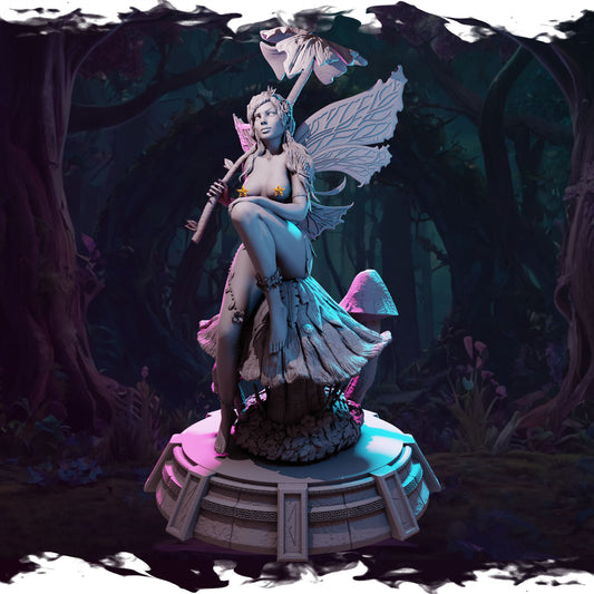 Digital render preview of Ydsel the fairy maiden sitting on a mushroom base in an enchanted forest setting.