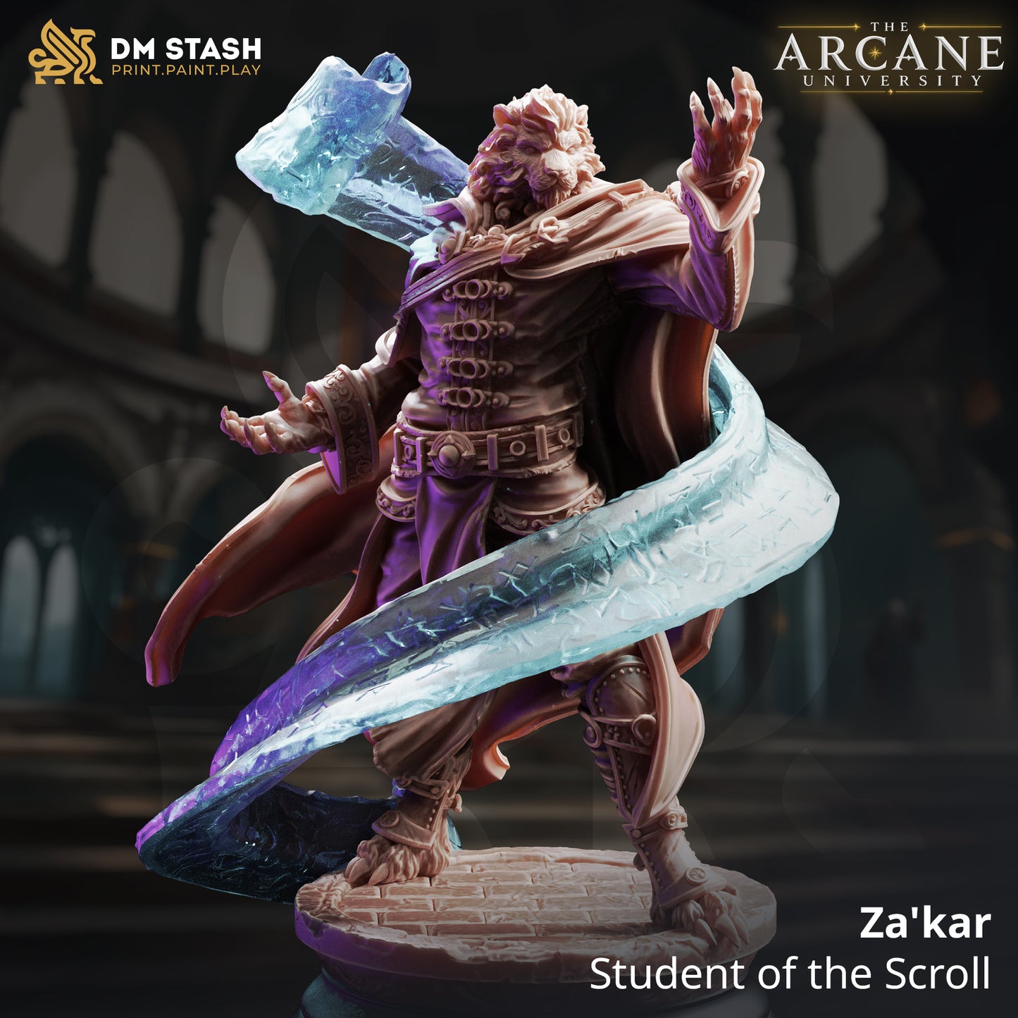 Za'kar Student of the Scroll 3D printed resin miniature by DM Stash, featuring a Leonin spellcaster with a swirling magical energy scroll and custom base.