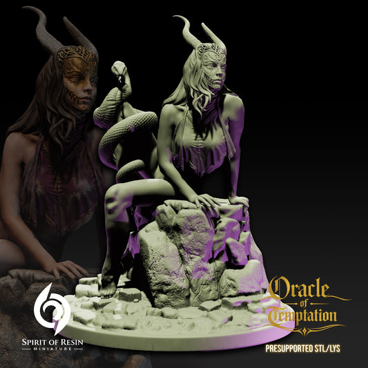 Three-quarter front angle render of Zaya Oracle of Temptation SFW resin display figure wearing mask with coiled snake accessory.