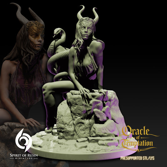 Low-angle perspective render of Zaya Oracle of Temptation resin statue highlighting SFW draped top and coiling snake on stone plinth.