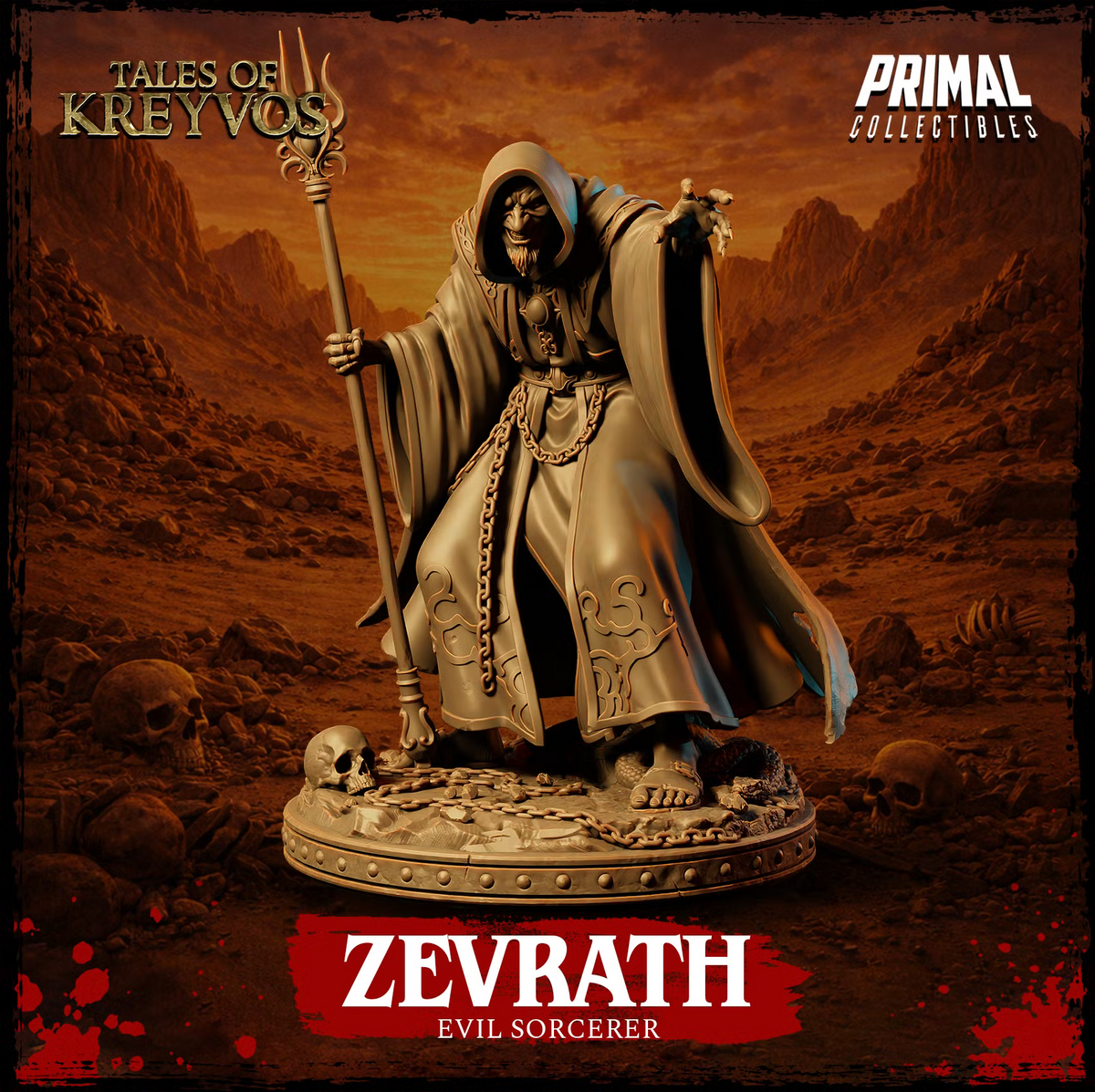 Zevrath the evil human sorcerer holding an ornate staff with a hooded robe, outstretched casting hand, skull, and serpent on the scenic base.