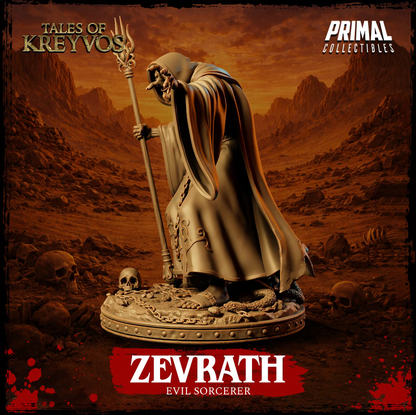 Side view of Zevrath the evil human sorcerer with his ornate staff, flowing robes, chains, skull, and coiled serpent.