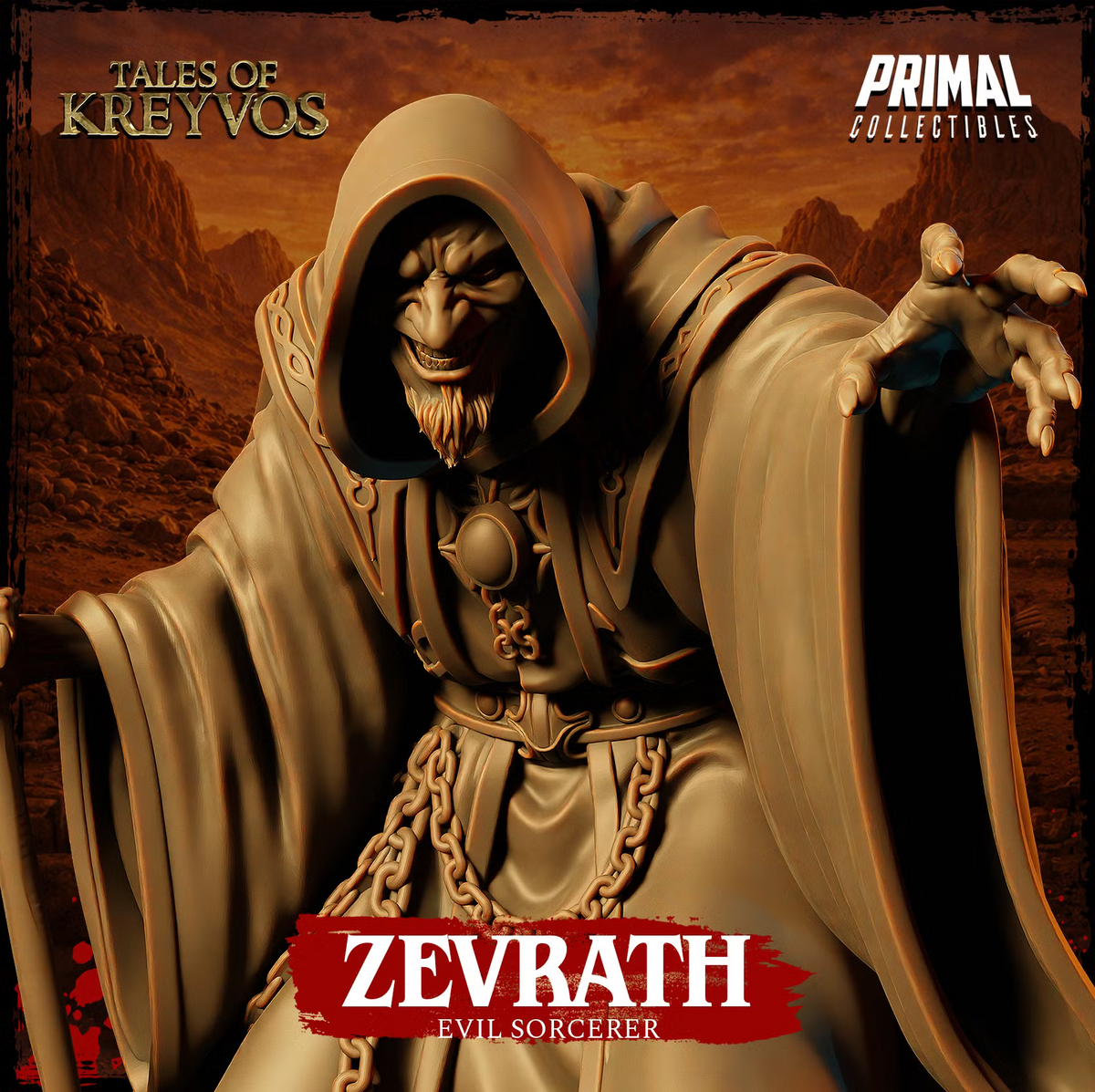 Close-up of Zevrath the evil sorcerer showing his hooded face, sinister expression, layered robes, chains, and outstretched hand.