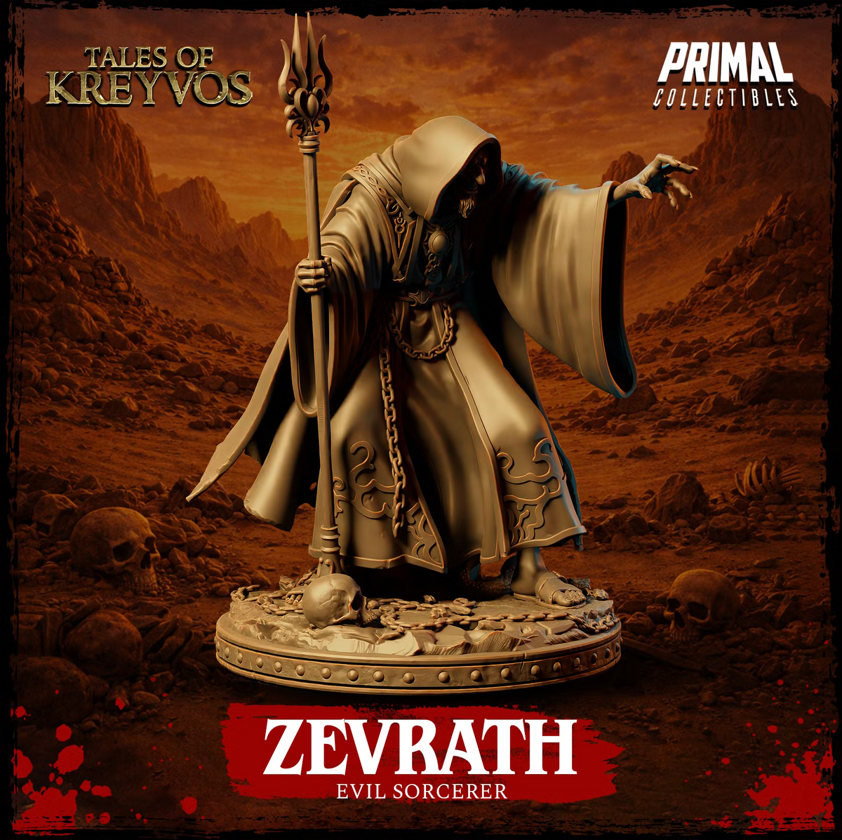 Front view of Zevrath the human sorcerer in flowing hooded robes holding an ornate staff above a skull-strewn scenic base.