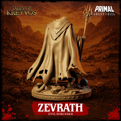 Rear view of Zevrath showing his long tattered hooded cloak, ornate staff, serpent, chains, and detailed scenic base.