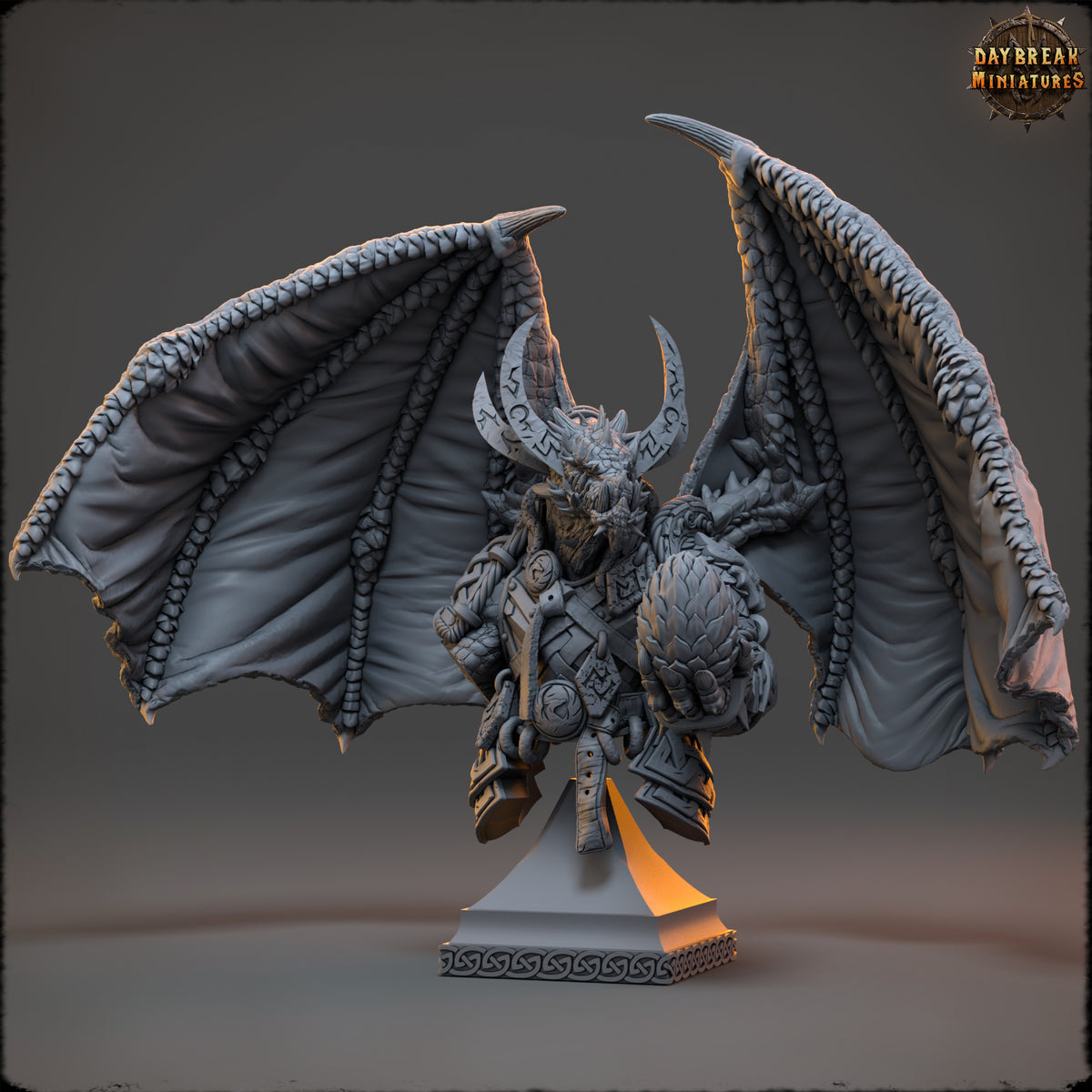 Zircon Firefang Dragon display bust with wide wings, horned head, layered scales, and armored details.