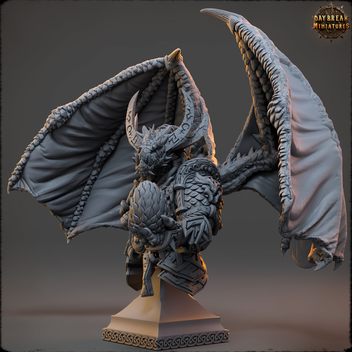 Firefang winged Dragon bust showing detailed horns, scales, wing membranes, and facial armor.