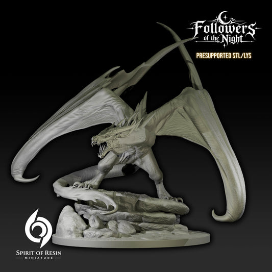 Zorat Night Terror Dragon Gargantuan resin miniature with enormous wings, horns, and rocky scenic base.