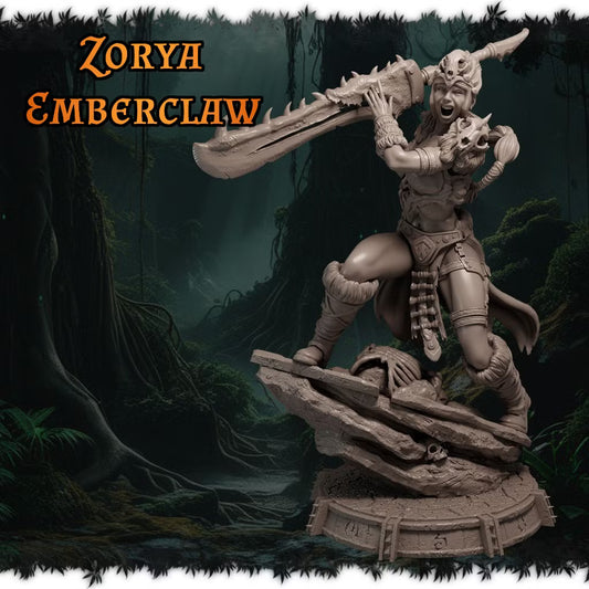 Zorya Emberclaw female barbarian raising an oversized bone-styled weapon while standing on a detailed ruined scenic base.