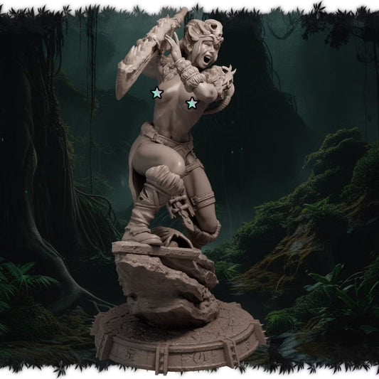 Topless NSFW 18+ variant of Zorya Emberclaw posed with her oversized weapon on a ruined fantasy base.