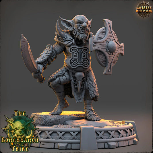 Zurtik Hookclaw Goblin Fighter wearing heavy armor and carrying a one-handed sword and shield.